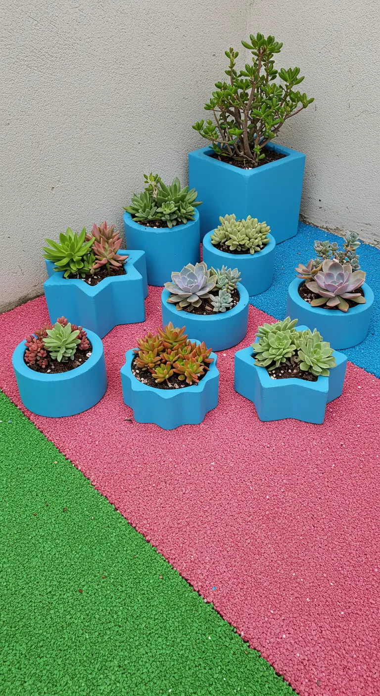 Pots en béton en forme d'étoiles bleues et carrés, remplis de succulentes, sur un sol rose et vert.