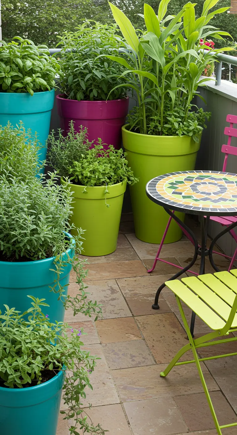 Balcon coloré avec de grands pots vifs remplis d'herbes et une table en mosaïque avec chaises.