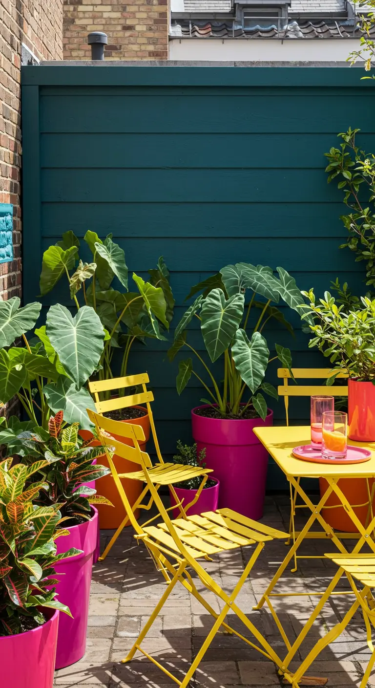 Patio coloré avec un mur bleu-vert, des chaises jaunes et des pots de fleurs fuchsia.