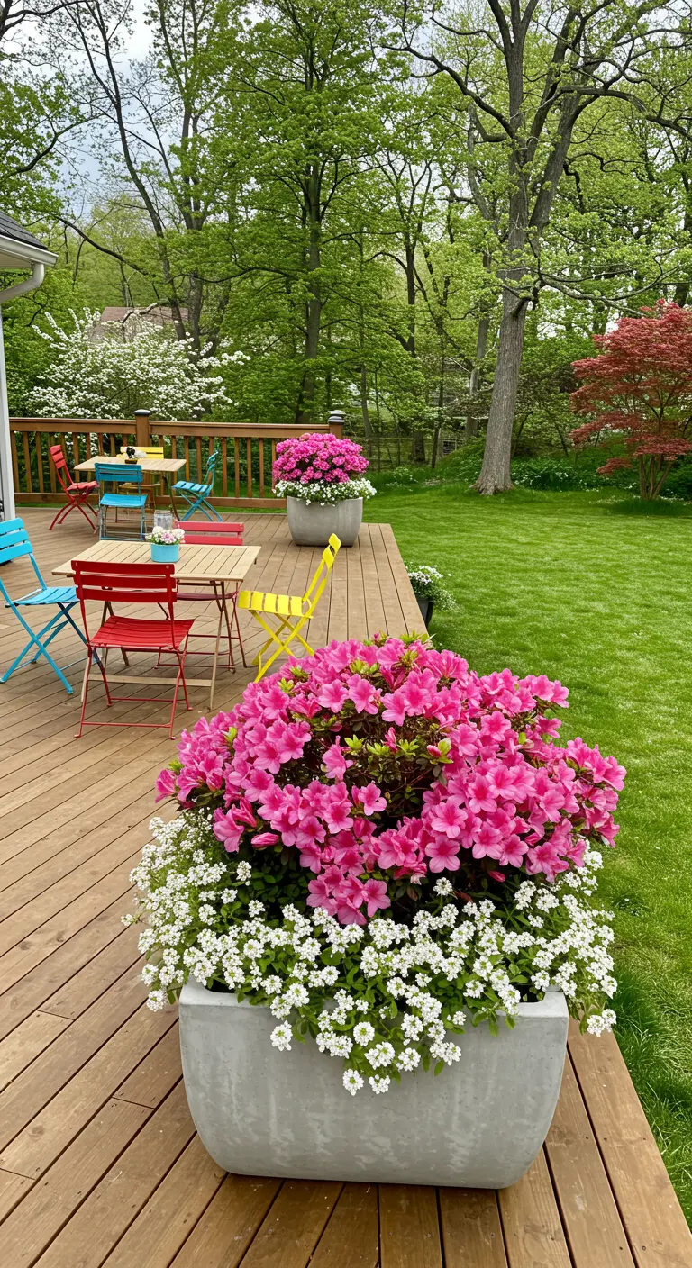 Terrasse en bois avec de grandes jardinières d'azalées roses et des chaises de couleurs vives.