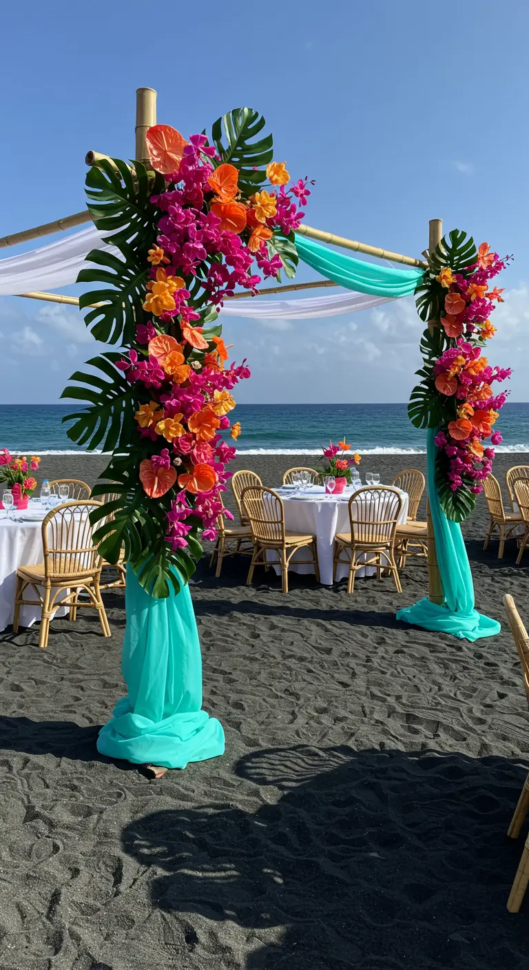 Arche en bambou, fleurs tropicales orange et fuchsia, monstera, draperies turquoise, plage de sable noir.