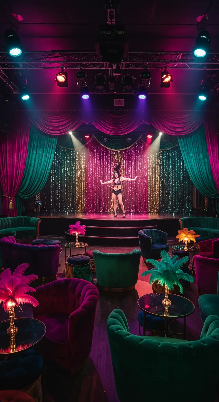 Scène de cabaret colorée avec rideaux fuchsia et turquoise, fond pailleté et danseuse.