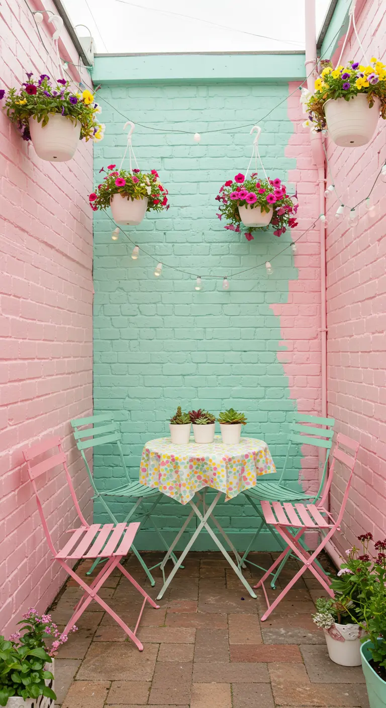 Bistro set rose et menthe dans une petite cour avec murs peints de couleurs vives et suspensions florales.