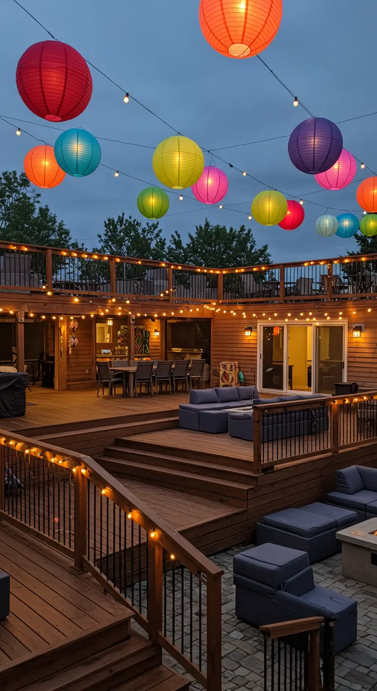 Grande terrasse en bois à plusieurs niveaux, décorée de guirlandes lumineuses et de lampions multicolores.
