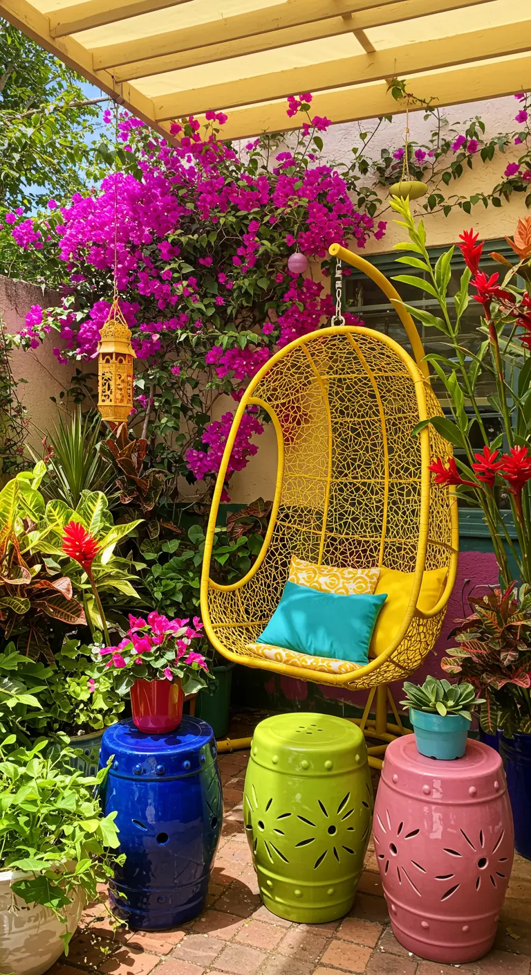 Chaise suspendue jaune vif dans un jardin coloré avec bougainvilliers et tabourets en céramique.