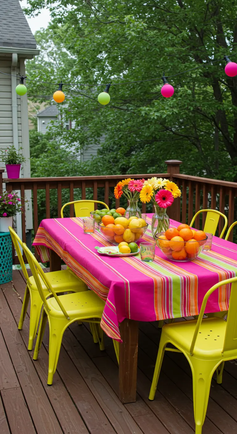Table rose vif avec chaises jaunes, bols de fruits frais et guirlandes lumineuses colorées.