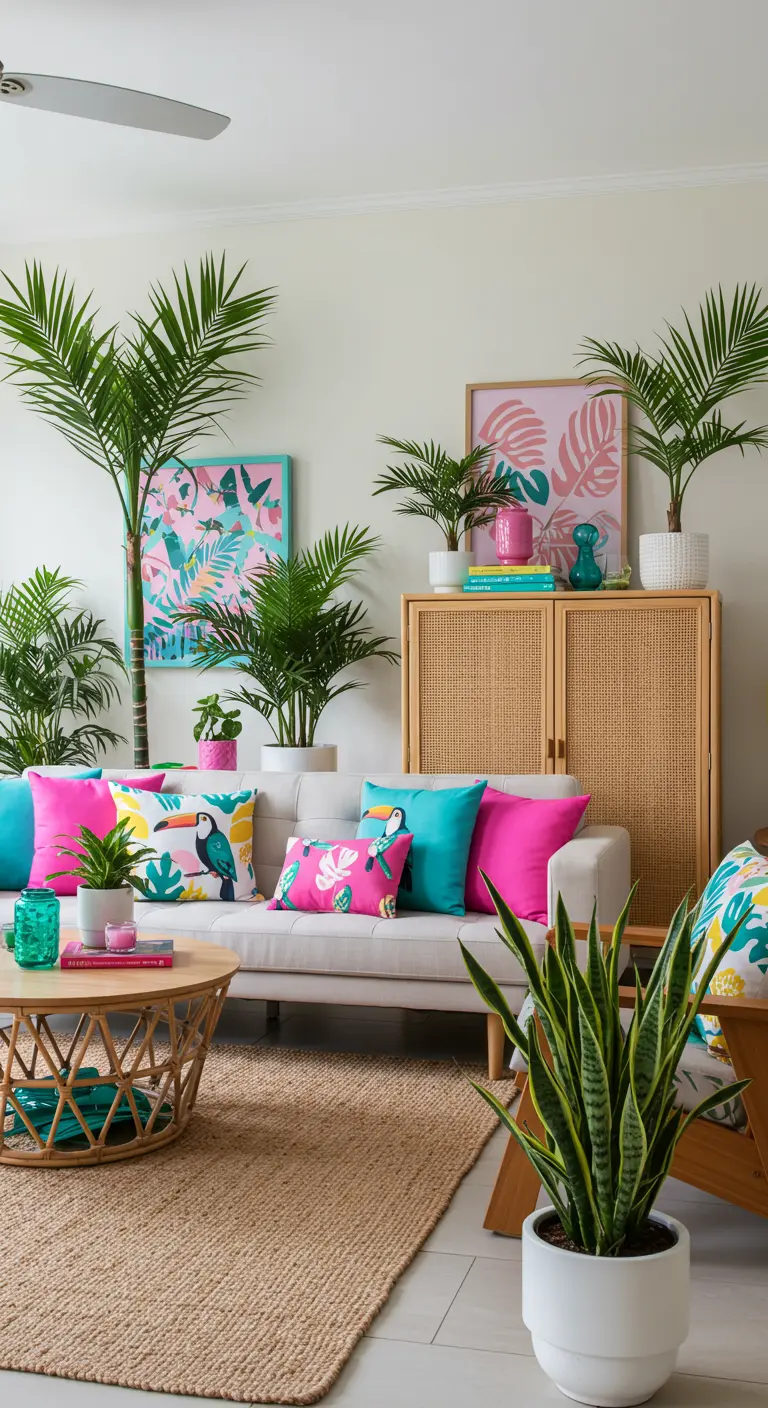 Salon coloré avec canapé gris, coussins fuchsia et turquoise, et de nombreux palmiers en pot.