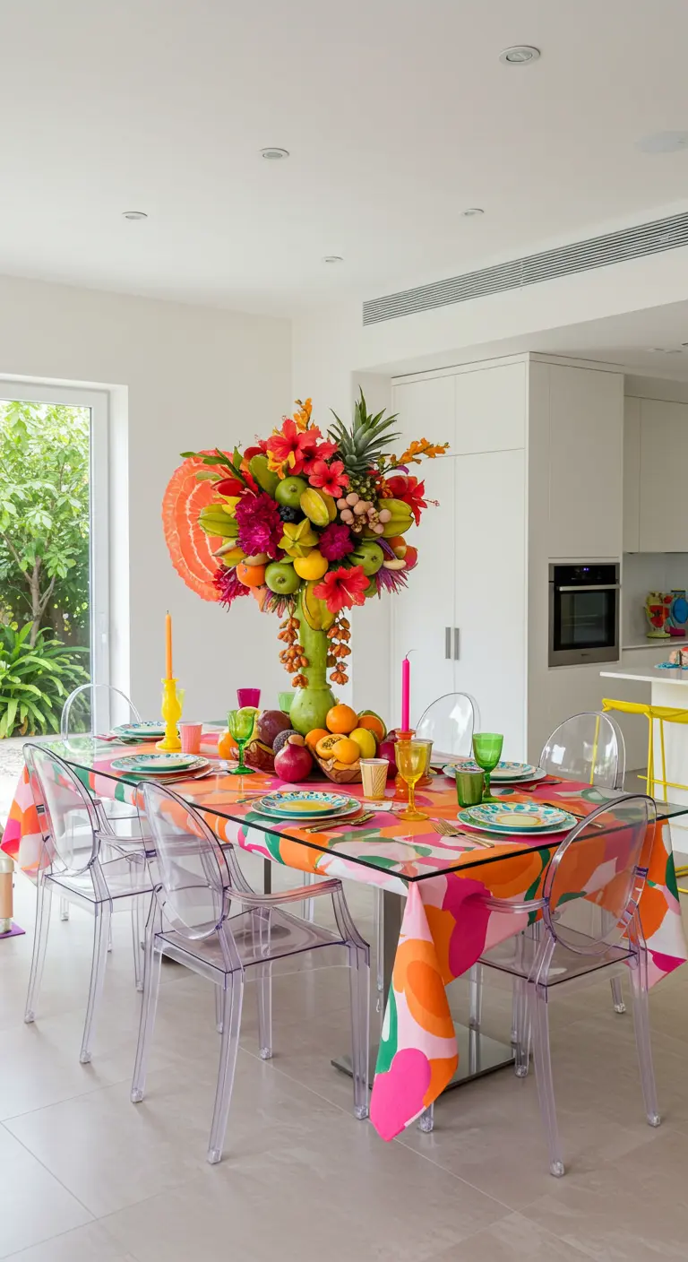 Table aux motifs géométriques vibrants avec un grand centre de table de fruits et fleurs tropicales.