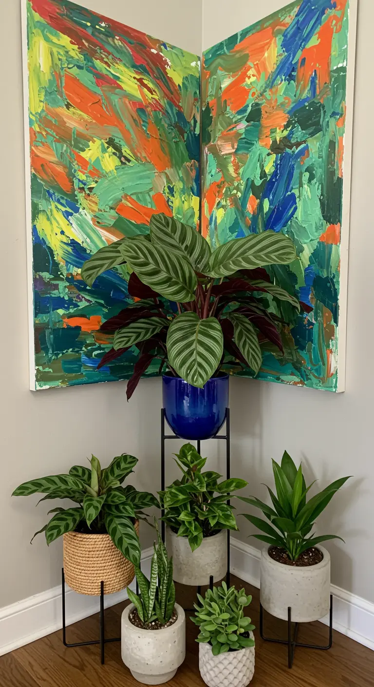 Coin avec tableau abstrait coloré et plantes variées en pots.