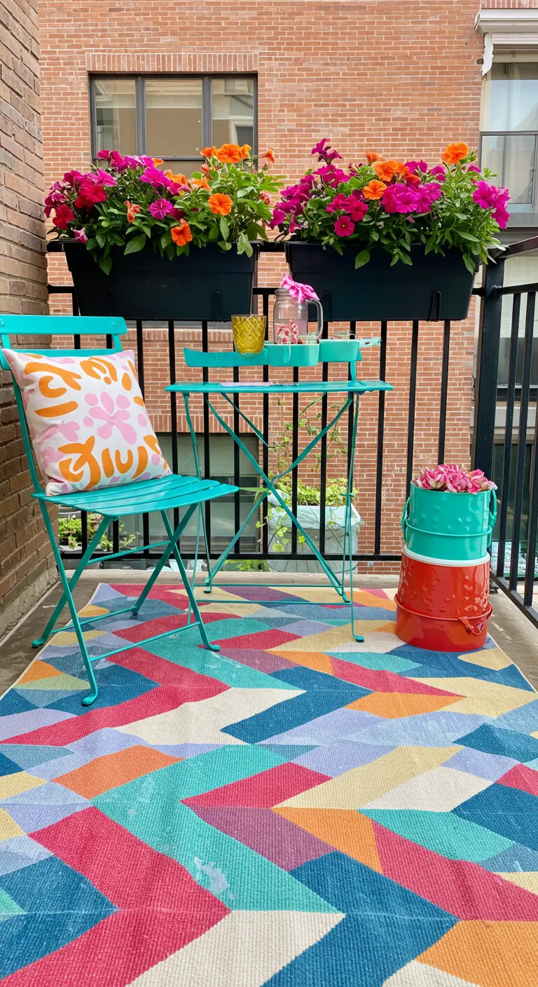 Balcon coloré avec mobilier turquoise, tapis géométrique et fleurs fuchsia.