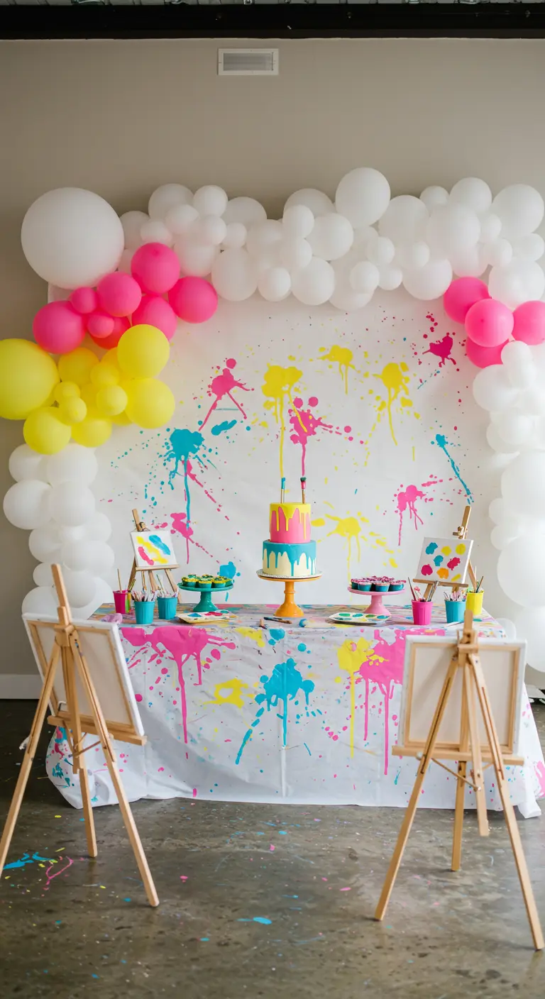 Décoration d'anniversaire thème art avec des éclaboussures de peinture.