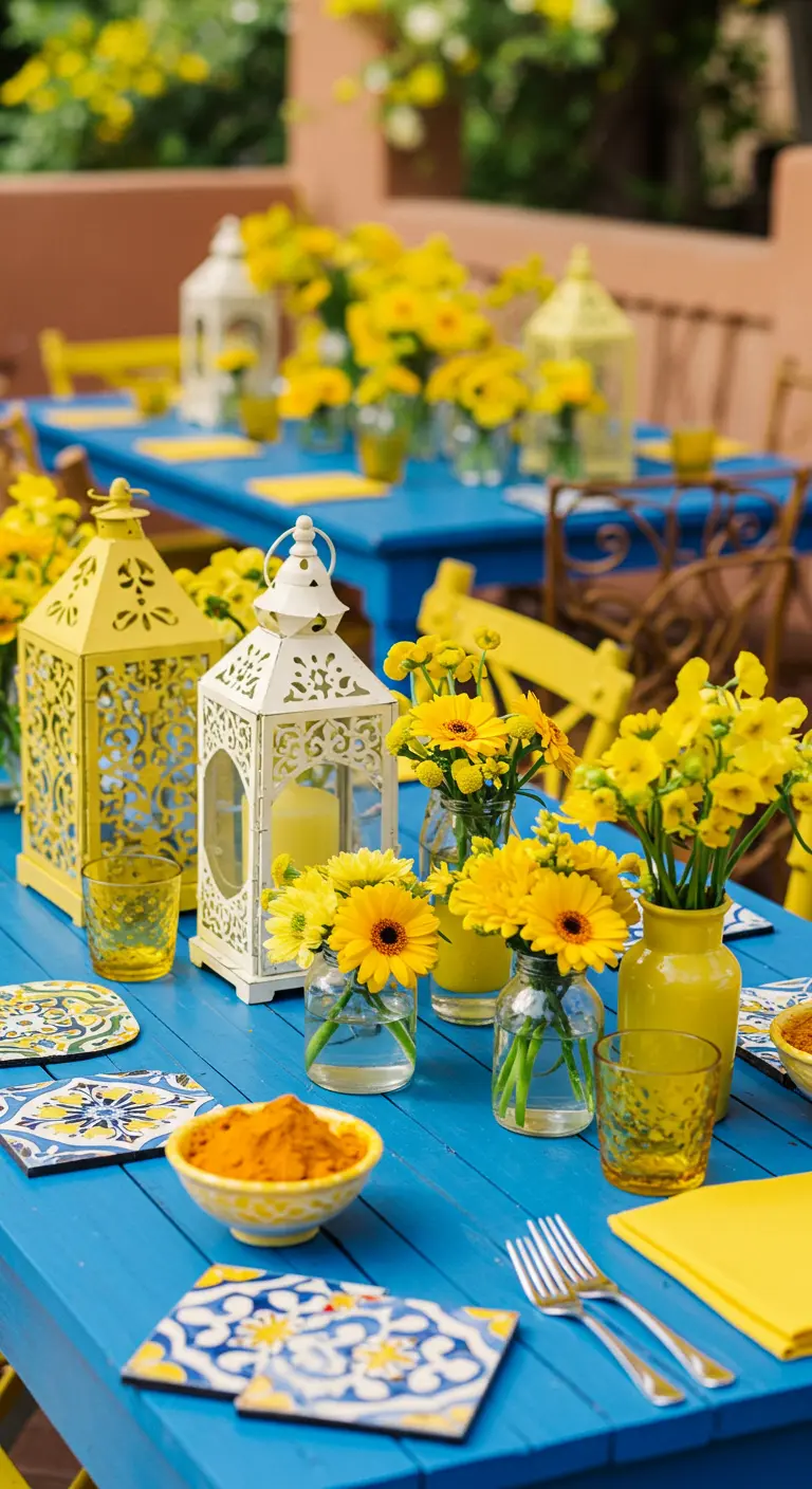 Table bleue et jaune avec lanternes, fleurs jaunes et poudre de curcuma.