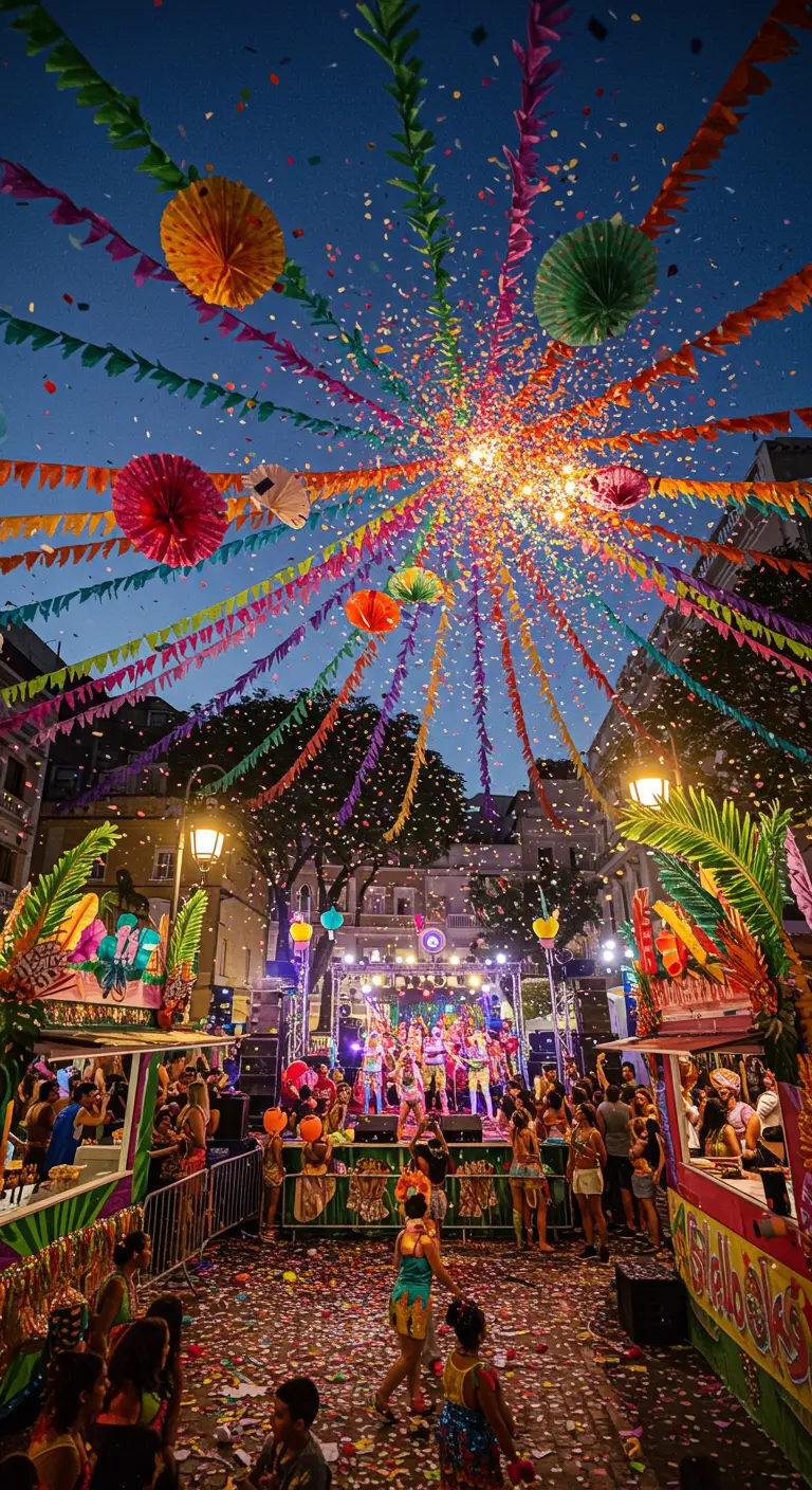 Rue animée avec des fanions, lampions et une pluie de confettis multicolores au crépuscule.