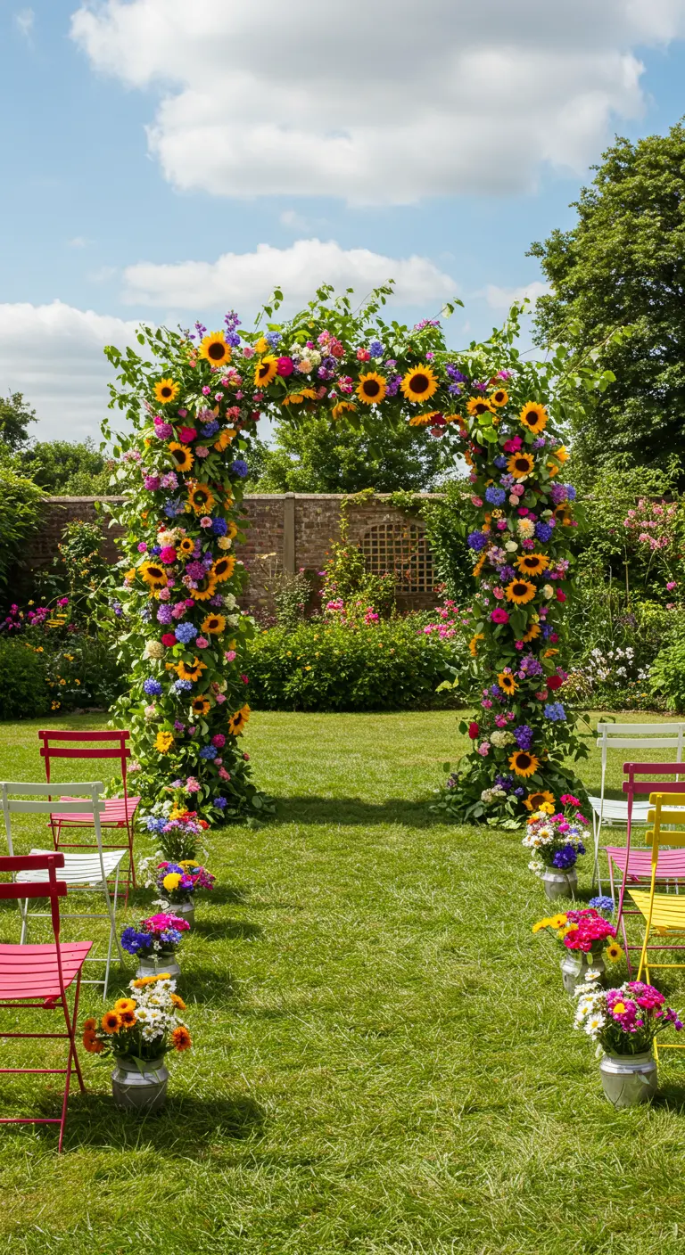 Arche de mariage colorée avec des tournesols et des fleurs vives dans un jardin.