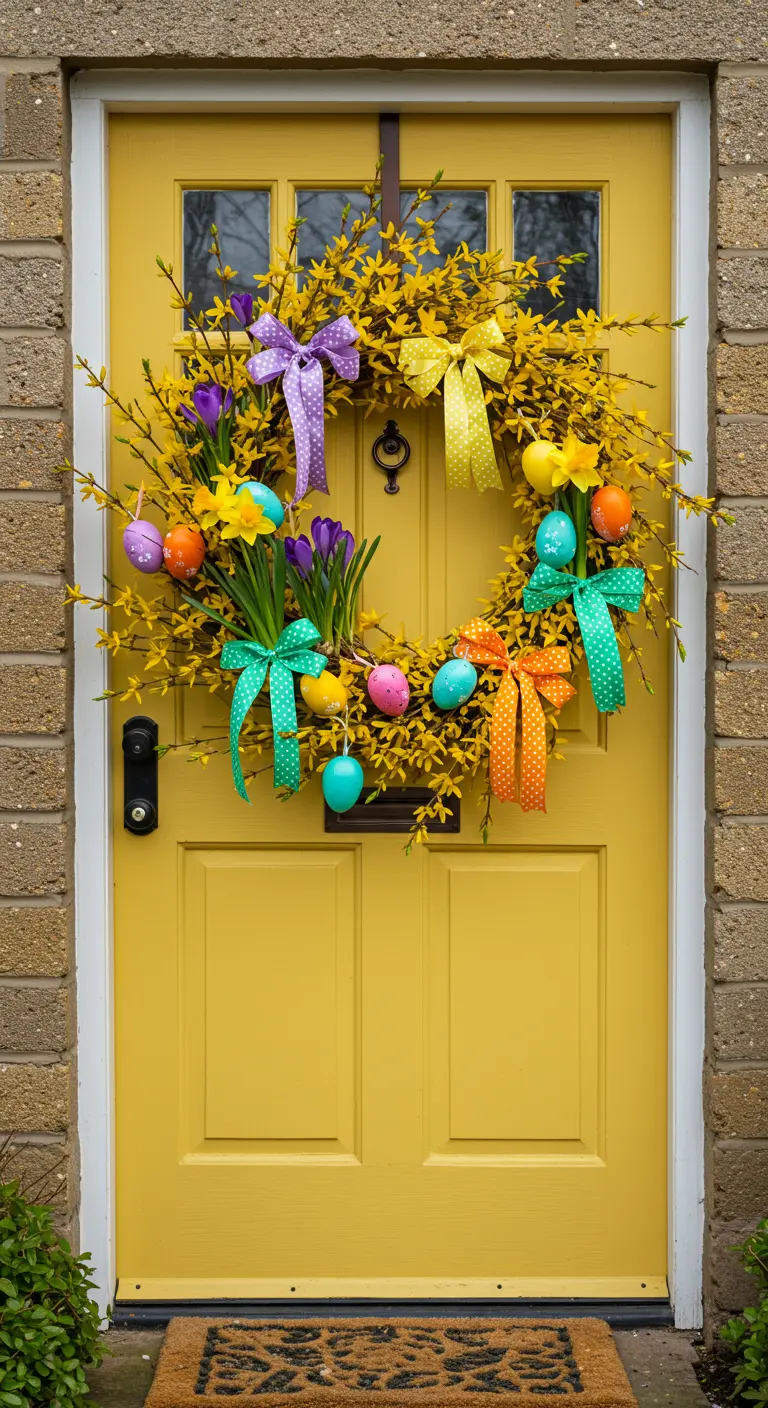 Couronne de forsythia jaune vif avec des œufs multicolores et des rubans à pois sur une porte jaune.