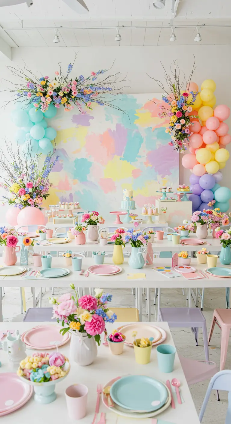 Buffet de fête devant un fond aquarelle pastel, encadré de ballons et de fleurs colorées.
