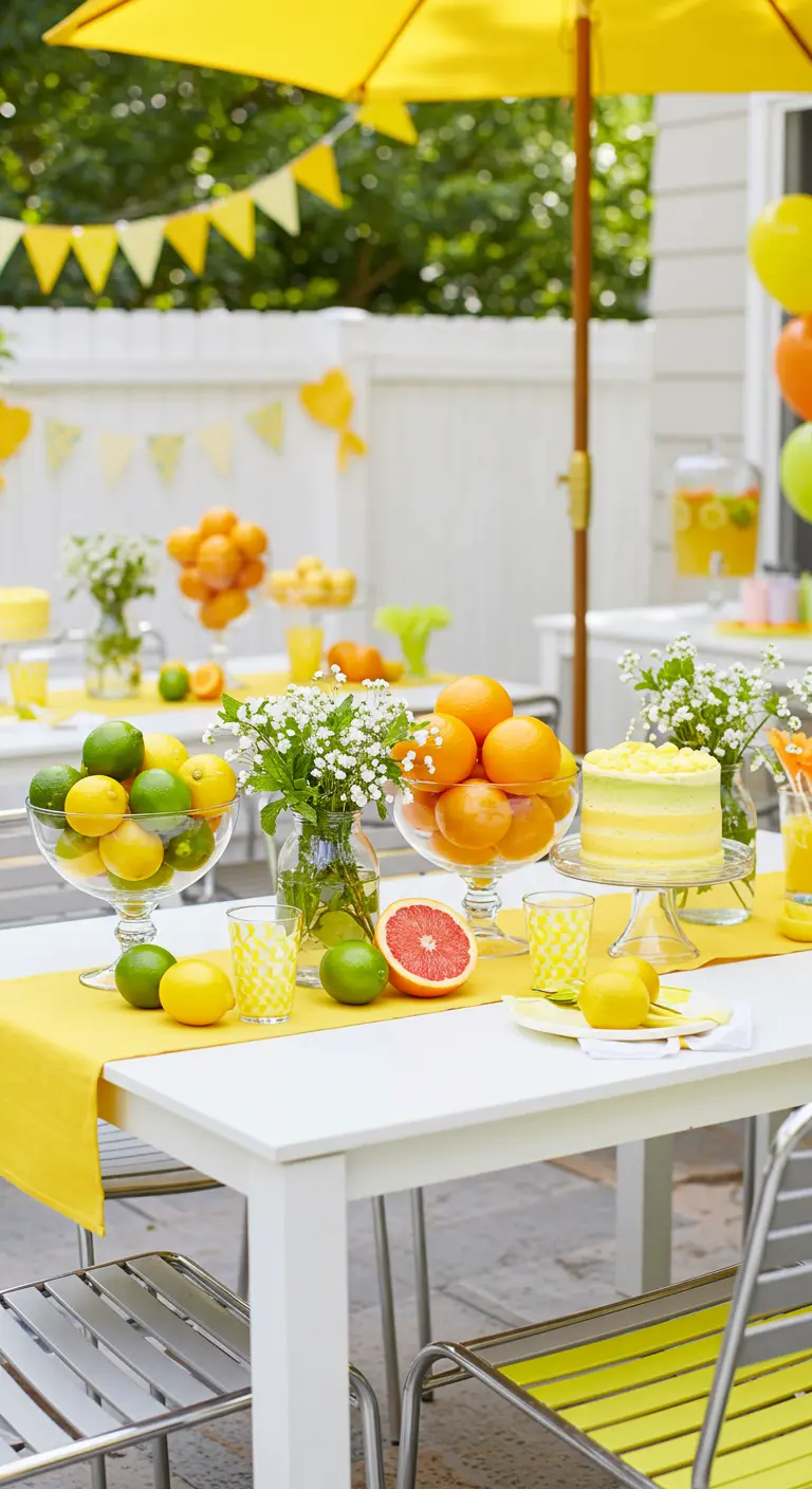 Table extérieure décorée d'agrumes dans des coupes en verre, chemin de table jaune et gâteau citron.