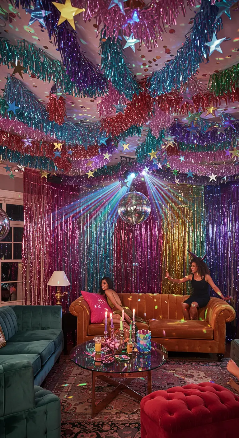 Plafond d'un salon surchargé de guirlandes multicolores et d'une boule à facettes.