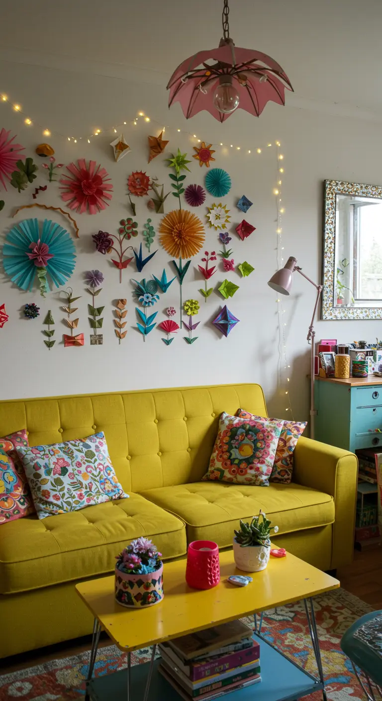 Mur blanc égayé par une multitude de fleurs et formes géométriques en papier coloré et des guirlandes lumineuses.