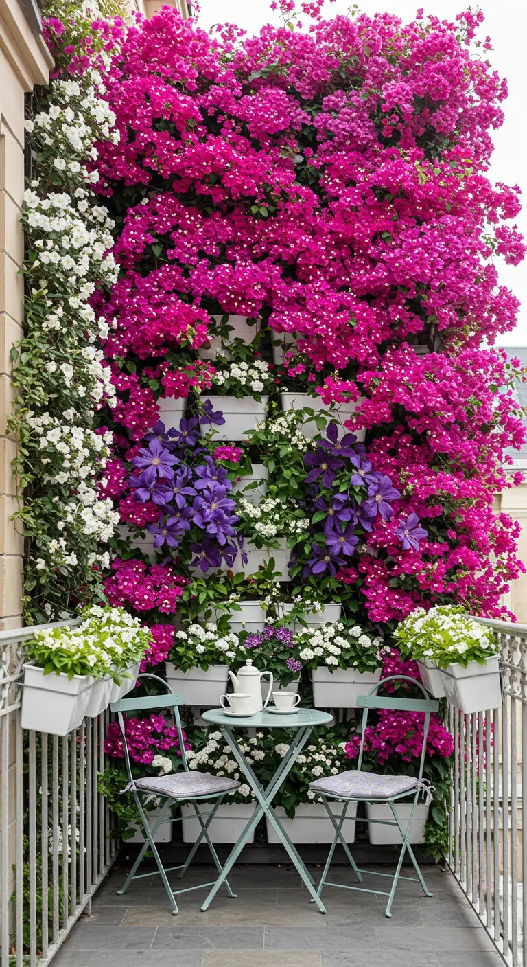 Mur végétal fleuri avec bougainvilliers fuchsia, clématites violettes, petit salon de jardin.