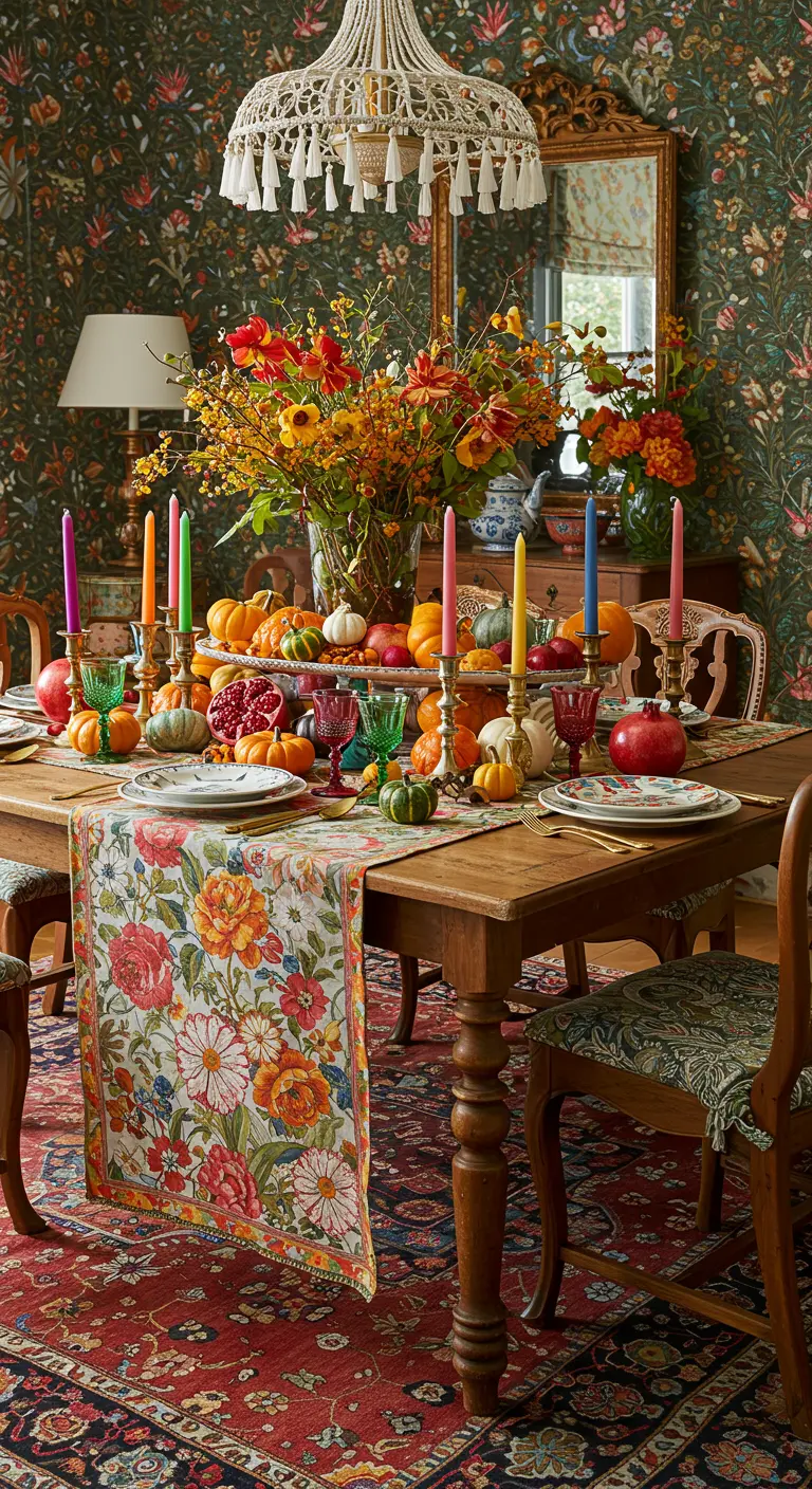 Table maximaliste avec un grand bouquet de fleurs d'automne, un chemin de table fleuri et des bougies colorées.