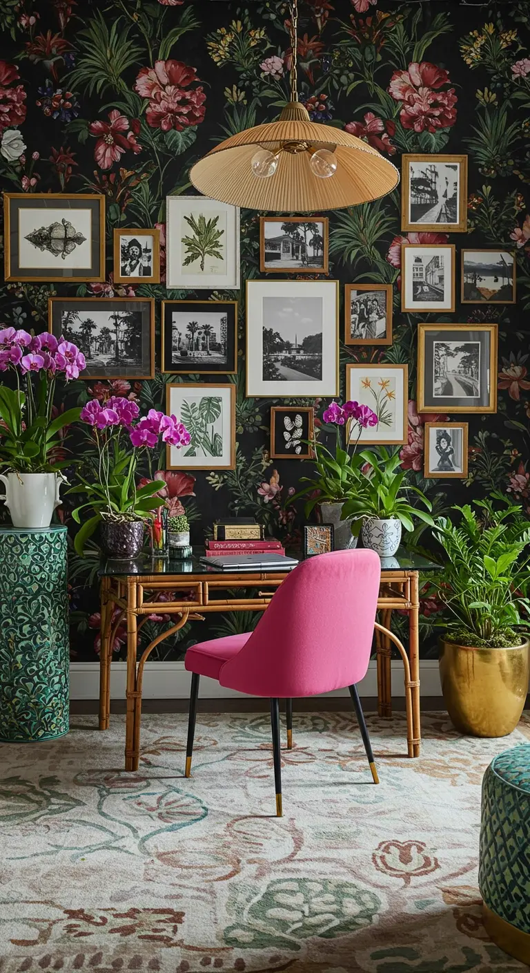 Bureau avec papier peint floral foncé, galerie de cadres, bureau en rotin et chaise rose vif.
