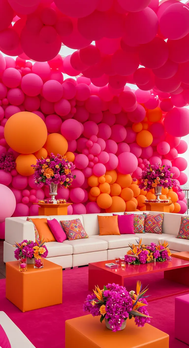 Salon vibrant avec un mur de ballons roses et orange et des fleurs assorties.