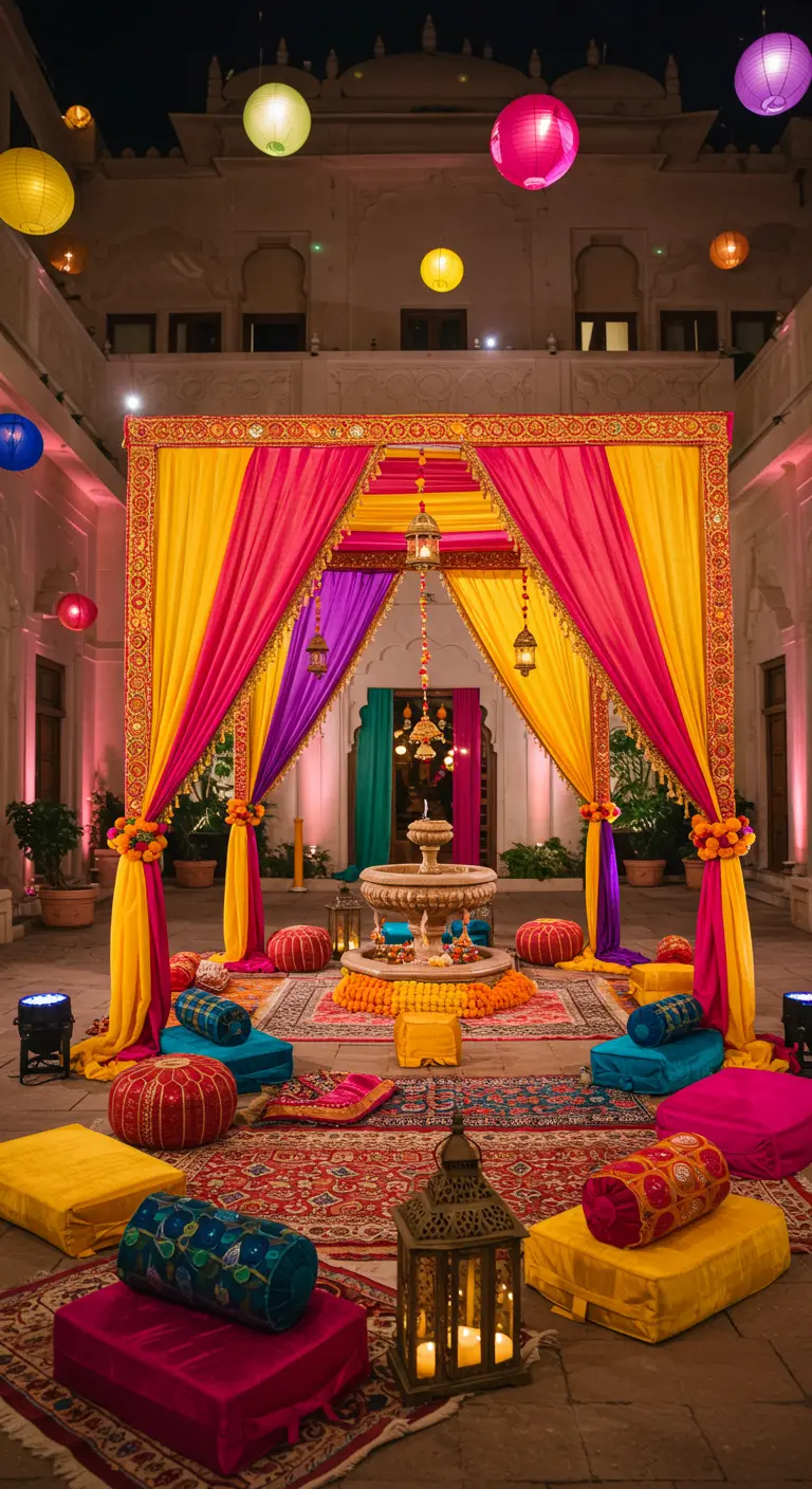 Arche de mariage indienne avec tissus vifs rose, jaune, violet, fontaine, lanternes et coussins.