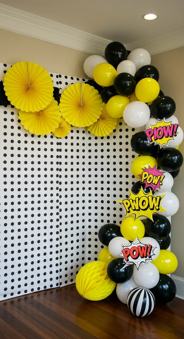 Photobooth pop art avec fond à pois, ballons jaunes et noirs, et onomatopées de BD.