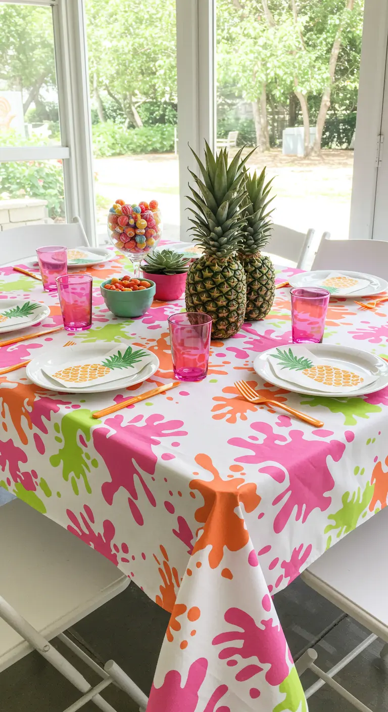 Table avec nappe à motifs éclaboussures de peinture, ananas, bonbons colorés, assiettes à motifs ananas et verres roses.