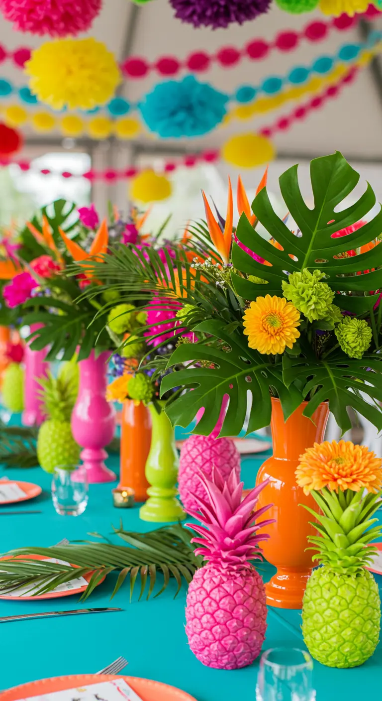 Décoration de table très colorée avec des ananas peints en rose et vert.