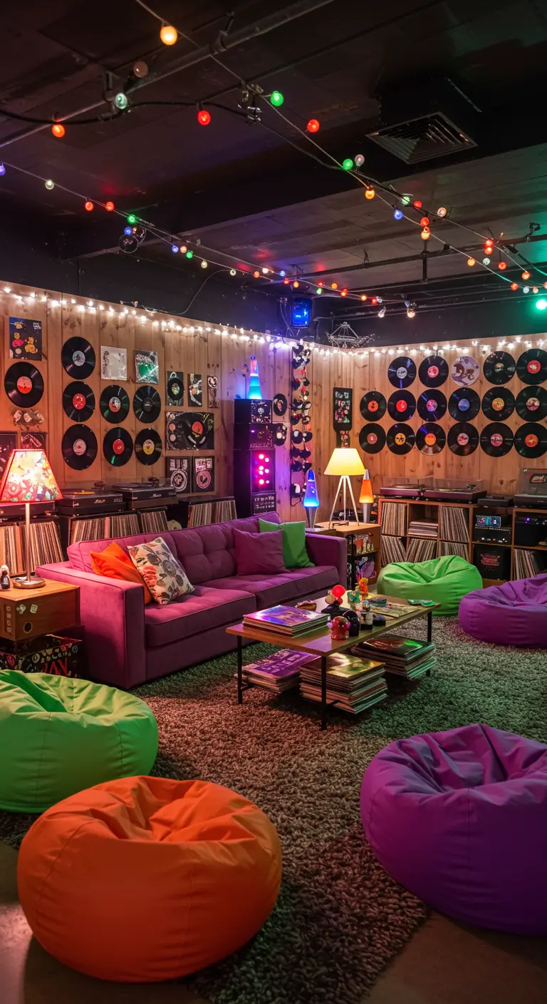 Table basse avec disques vinyles empilés, lampes à lave et poufs colorés dans un salon rétro.