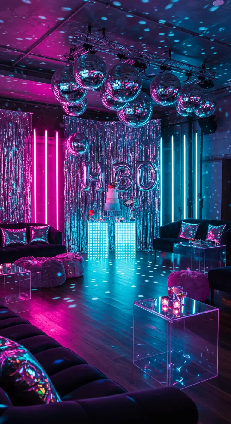 Salle de fête néon disco avec lumières verticales roses et bleues, boules à facettes et un gâteau d'anniversaire.