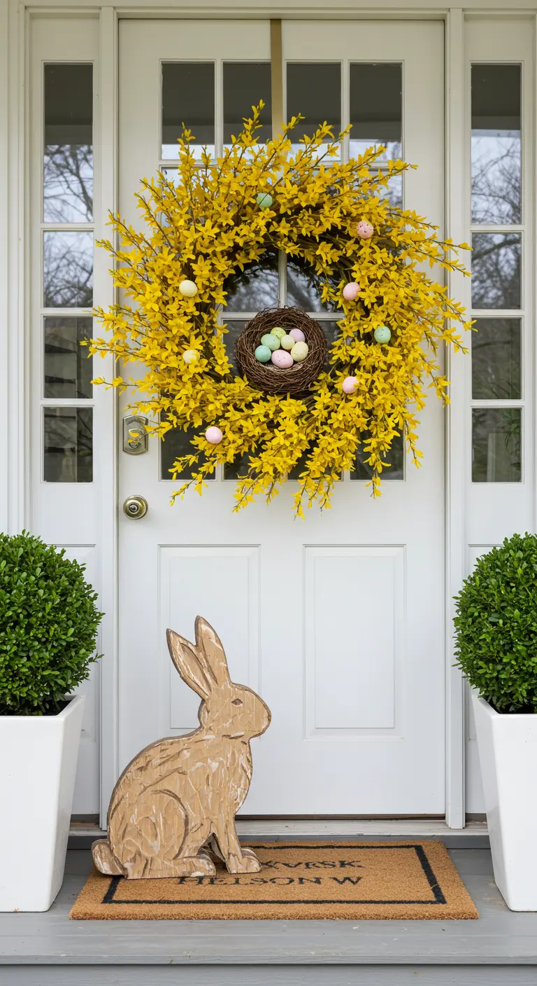 Couronne de forsythia jaune vif avec un grand lapin en bois au sol.