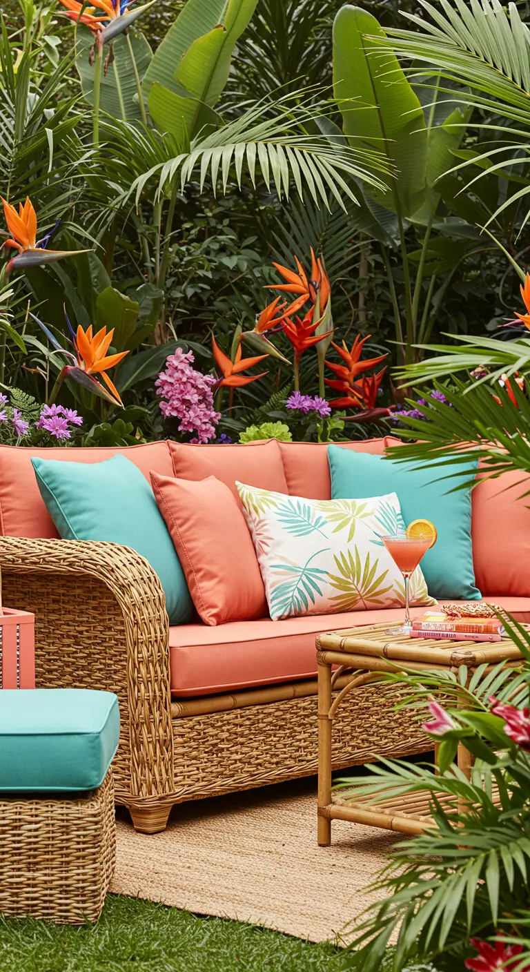 Canapé en rotin naturel avec des coussins corail et turquoise, entouré d'une végétation tropicale luxuriante.