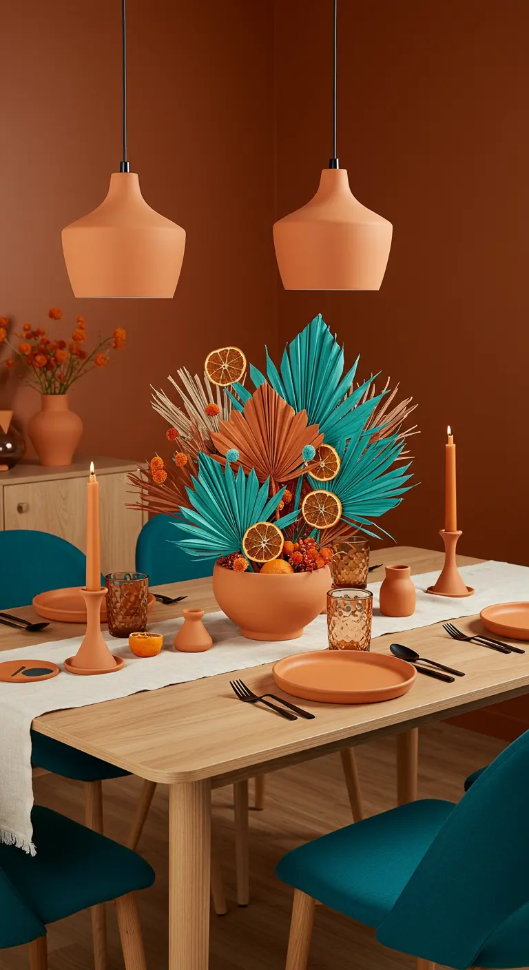 Table en bois clair avec composition florale tropicale automnale en turquoise et orange, bougies et chaises turquoises.