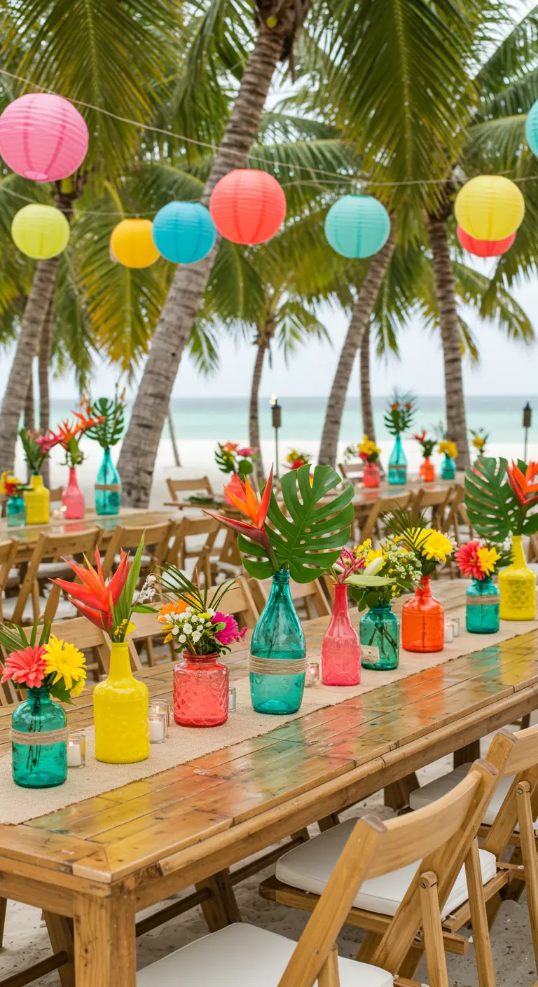 Tables de plage avec bocaux multicolores remplis de fleurs exotiques, sous des lampions suspendus.