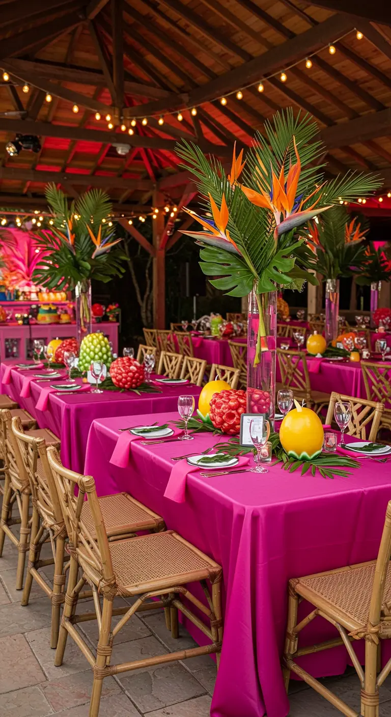 Tables de fête extérieures fuchsia, décor tropical de fleurs et fruits, chaises en bambou.