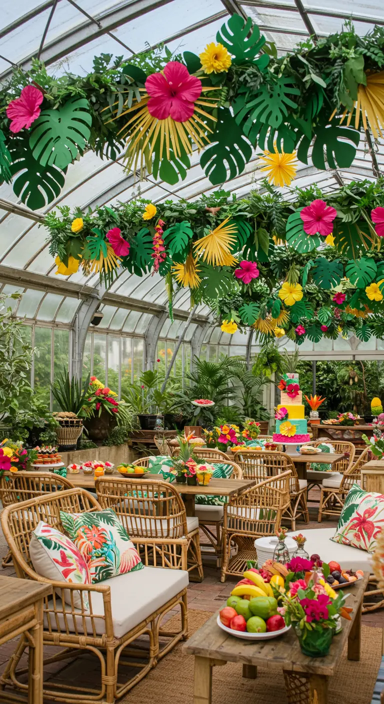 Guirlandes de feuilles de monstera et fleurs en papier colorées suspendues dans une serre tropicale.