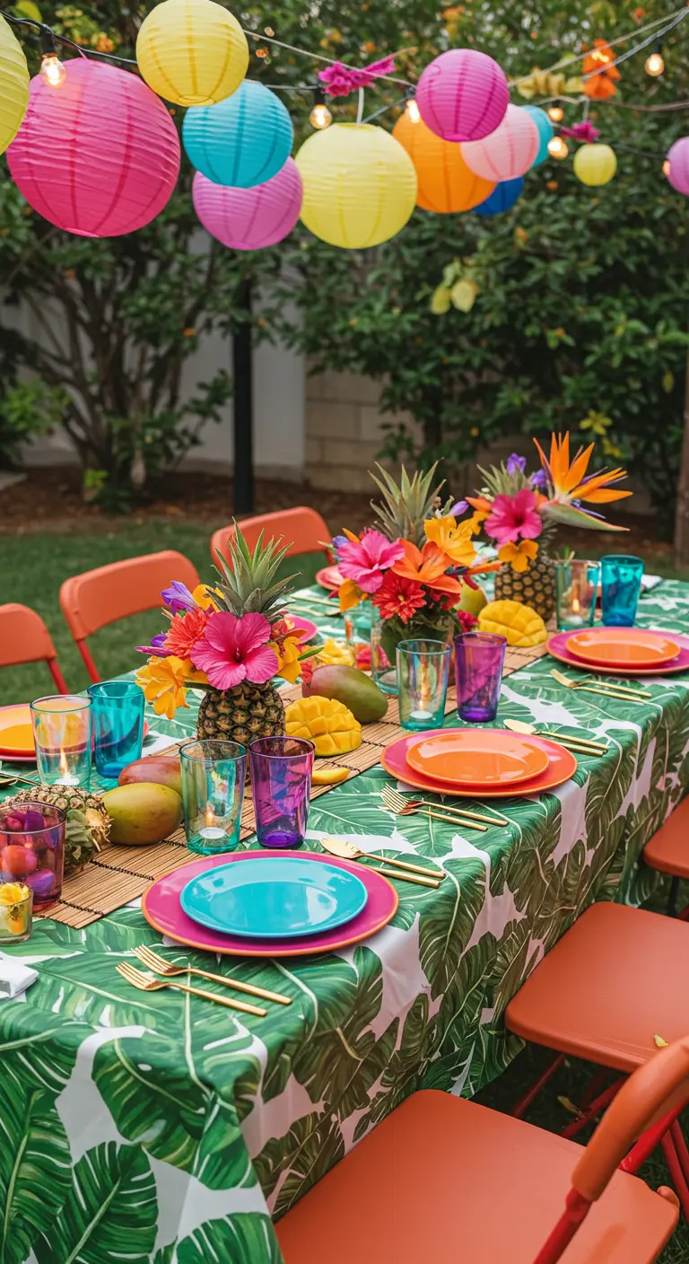 Table tropicale avec nappe à feuilles de palmier, ananas fleuris, vaisselle colorée et lampions suspendus.
