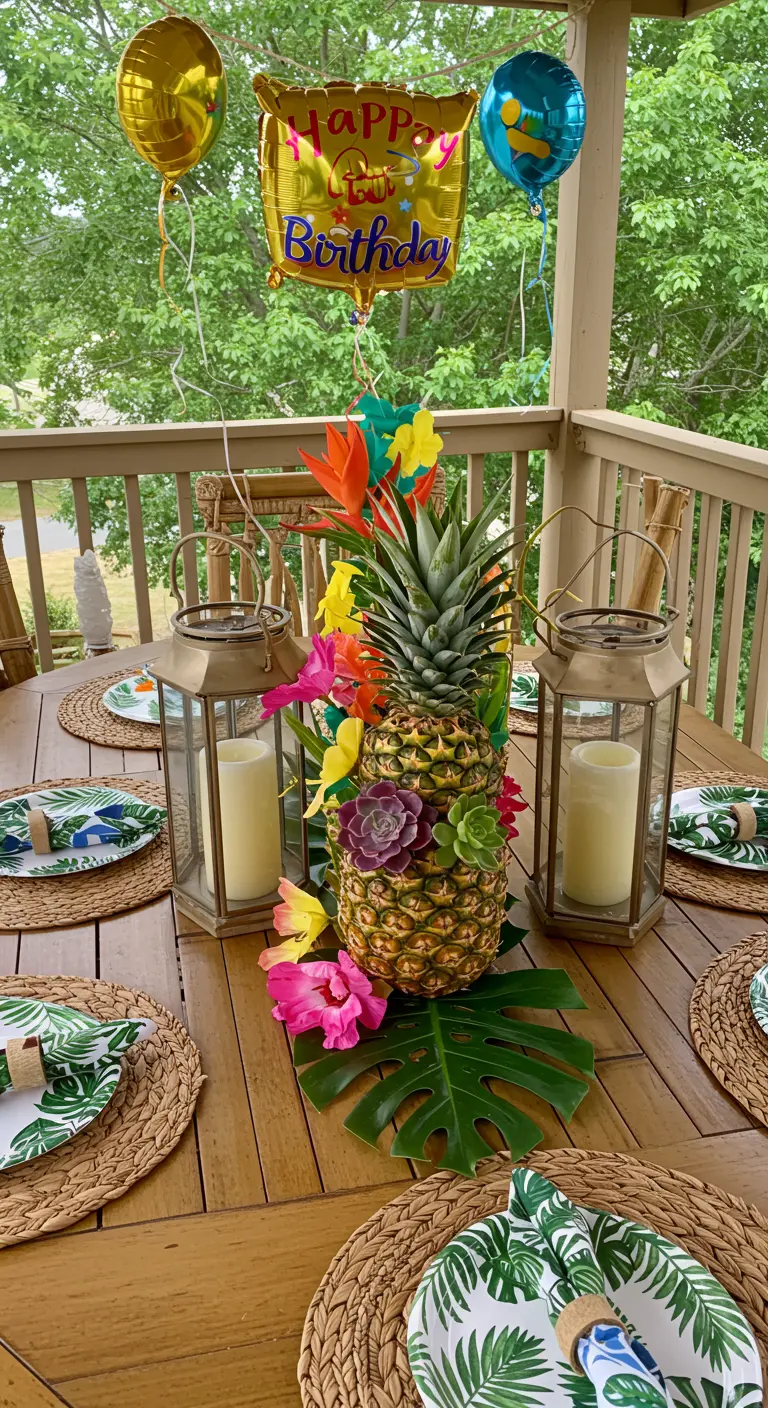 Centre de table tropical avec un ananas décoré de fleurs et de succulentes, et des lanternes.