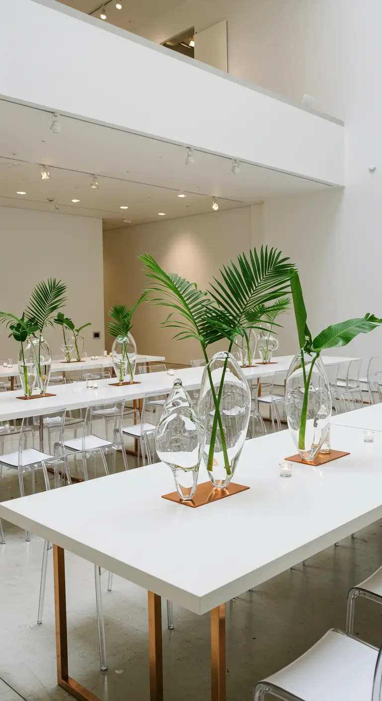 Table blanche avec des vases en verre sculpturaux sur des socles en cuivre.