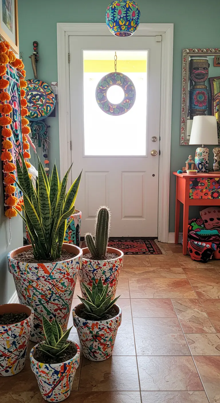 Pots en terre cuite colorés avec des éclaboussures de peinture.