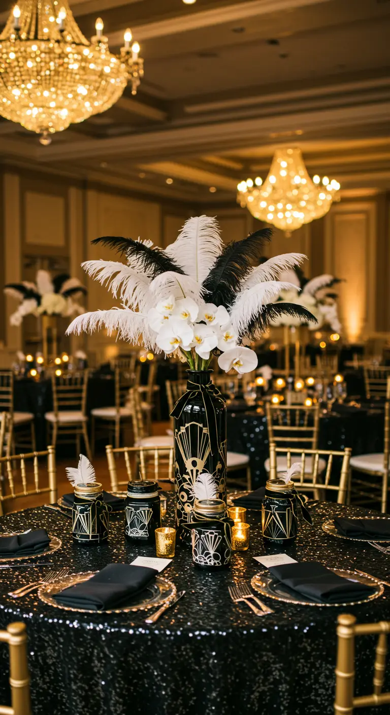 Centre de table art déco noir et or avec plumes d'autruche et orchidées, sur une nappe à paillettes.
