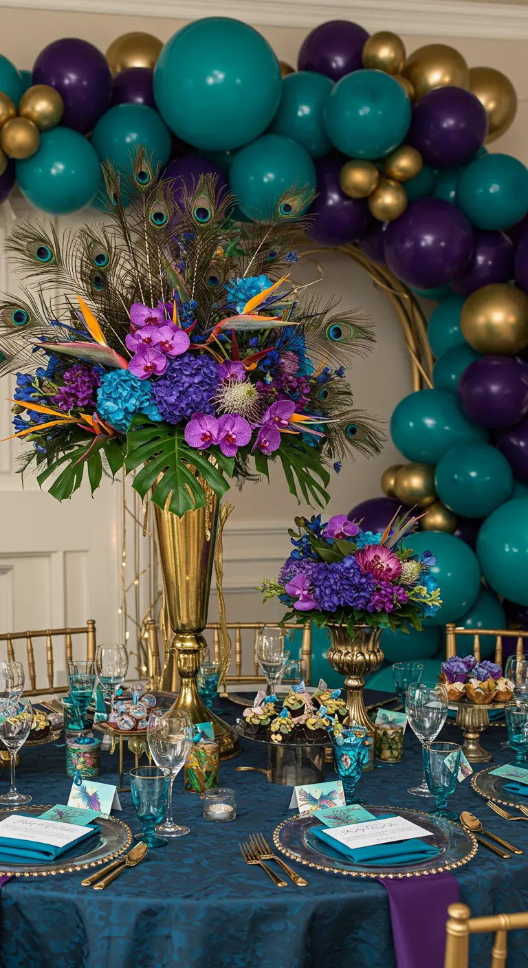 Centre de table opulent avec des plumes de paon, des fleurs violettes et une arche de ballons.