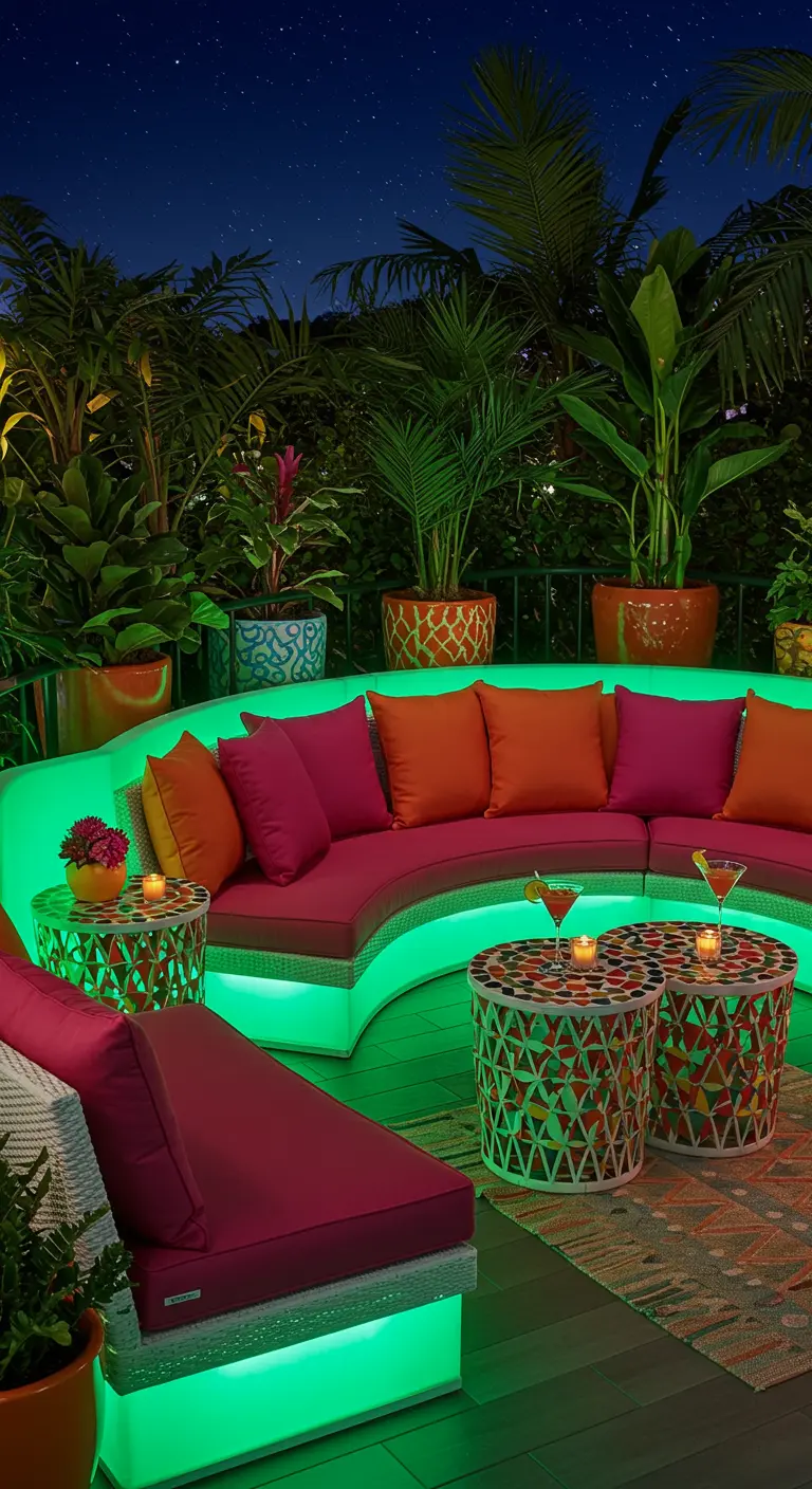 Canapé d'angle courbé rose et orange avec LED vertes, tables colorées et plantes tropicales.