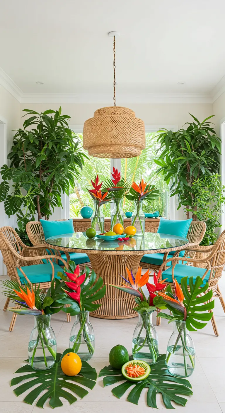 Salle à manger tropicale avec une table en rotin, un centre de table d'oiseaux de paradis, feuilles de Monstera et fruits exotiques.