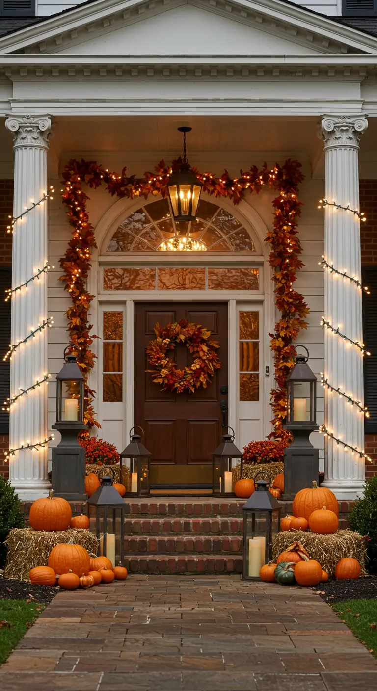 Entrée de maison décorée pour l'automne avec guirlandes lumineuses, lanternes, citrouilles et bottes de foin.