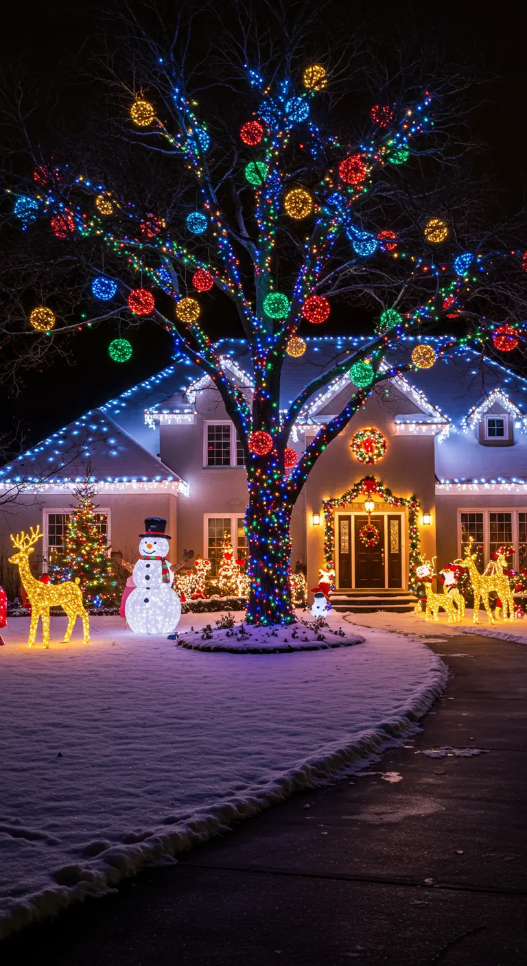 Maison et jardin décorés de manière extravagante pour Noël avec des lumières LED, un bonhomme de neige et des rennes.