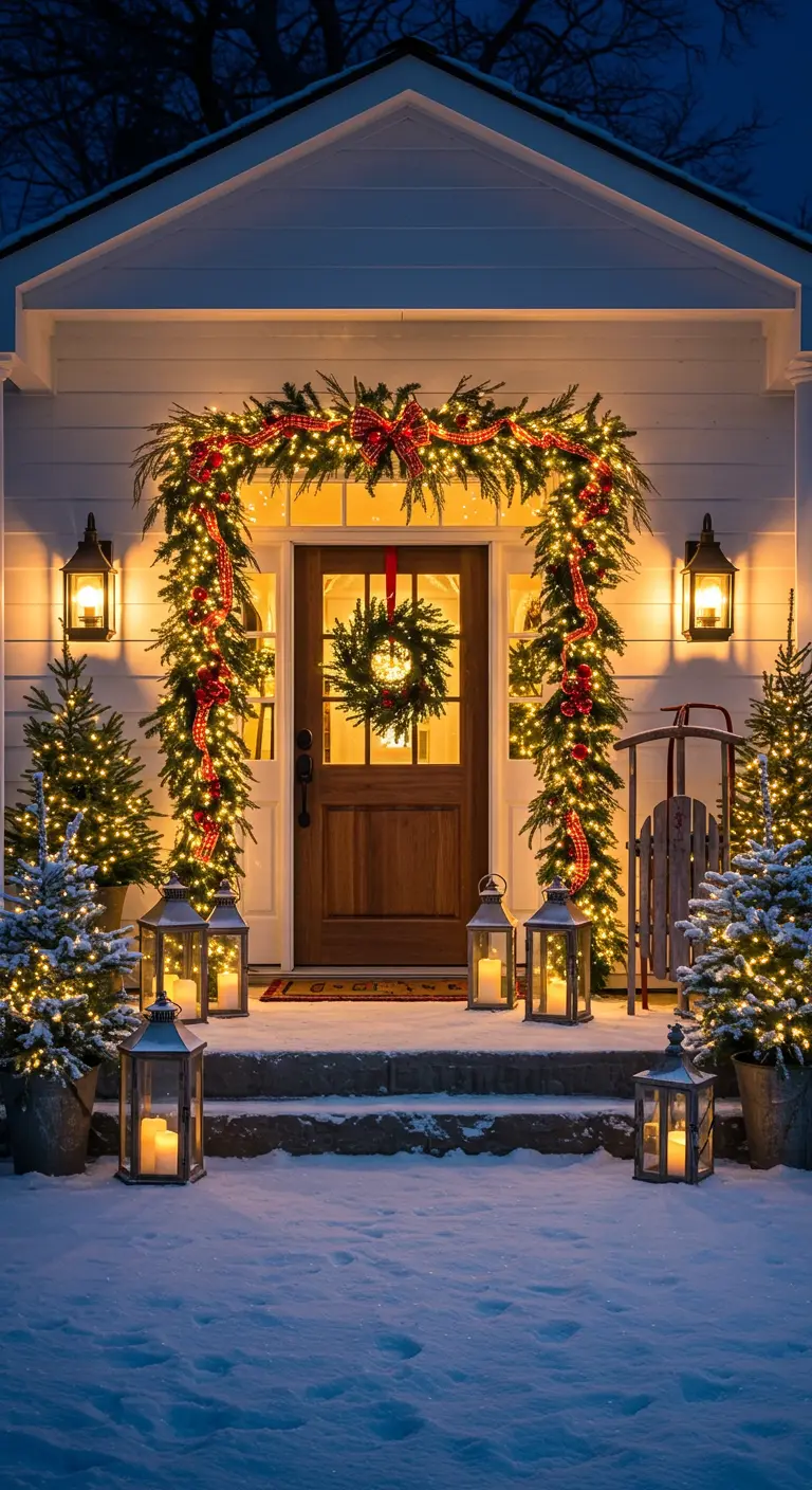 Entrée de maison décorée pour Noël avec des guirlandes lumineuses, couronnes, sapins enneigés et lanternes.